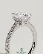 2ct Elongated Cushion Claw Solitaire with Hidden Halo, Pave Band and Cathedral High Setting Engagement Ring