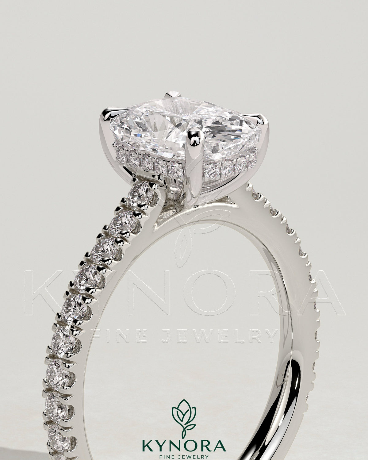 2ct Elongated Cushion Claw Solitaire with Hidden Halo, Pave Band and Cathedral High Setting Engagement Ring