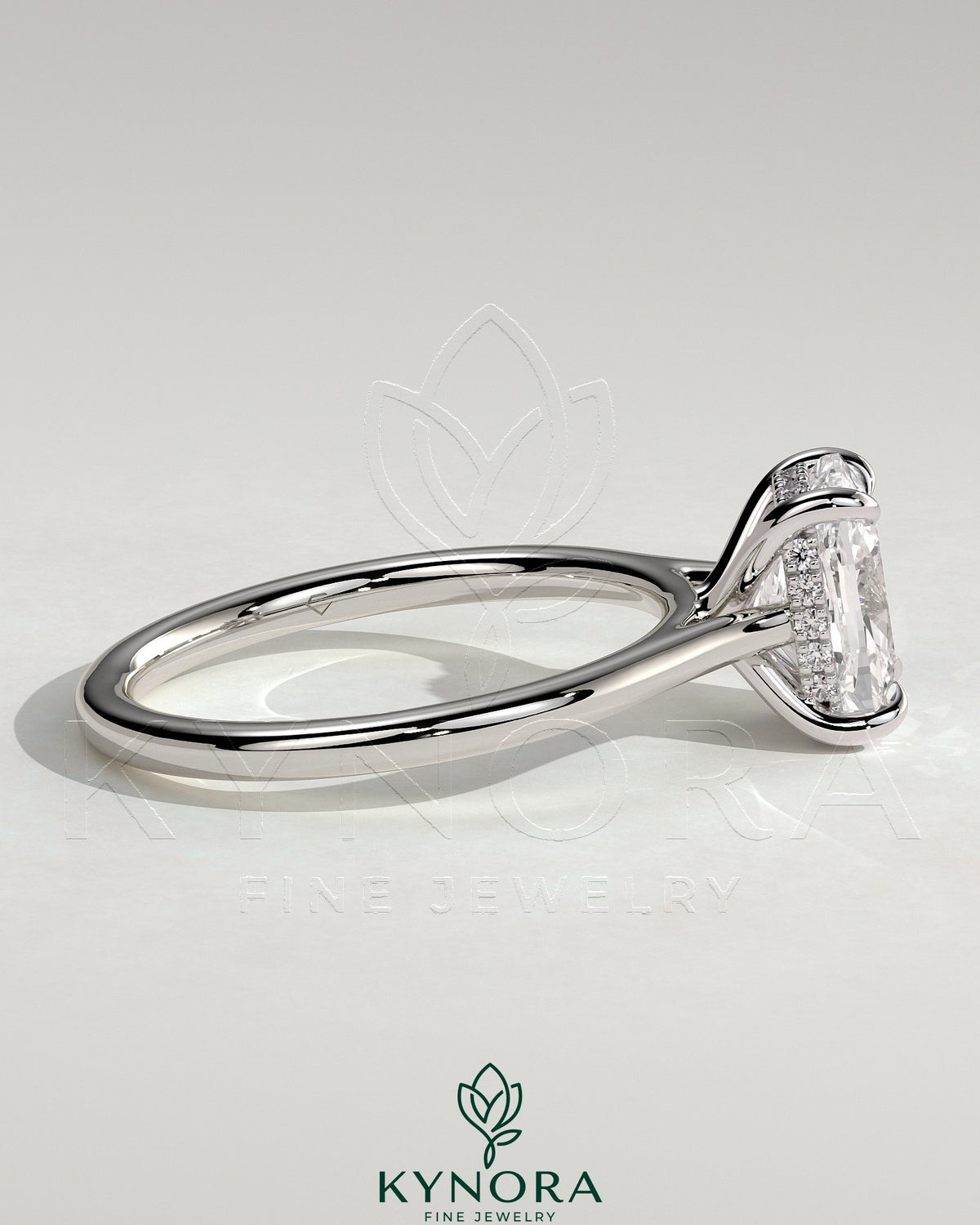 Kynora CJ 2ct elongated cushion solitaire engagement ring with hidden halo, tapered band, cathedral high setting and intricate design