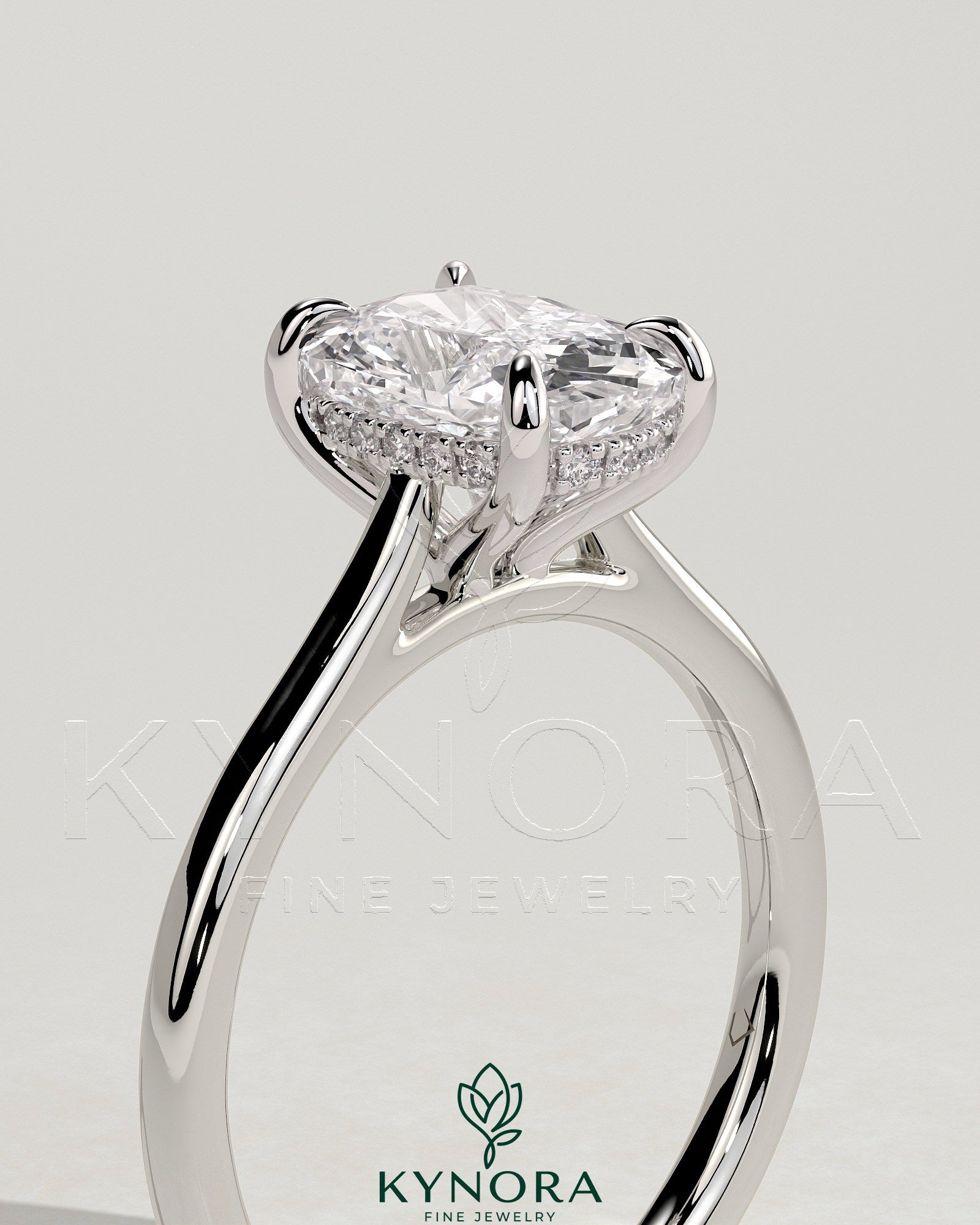 2ct Elongated Cushion Claw Solitaire with Hidden Halo, Tapered Band and Cathedral High Setting Engagement Ring Secondary image