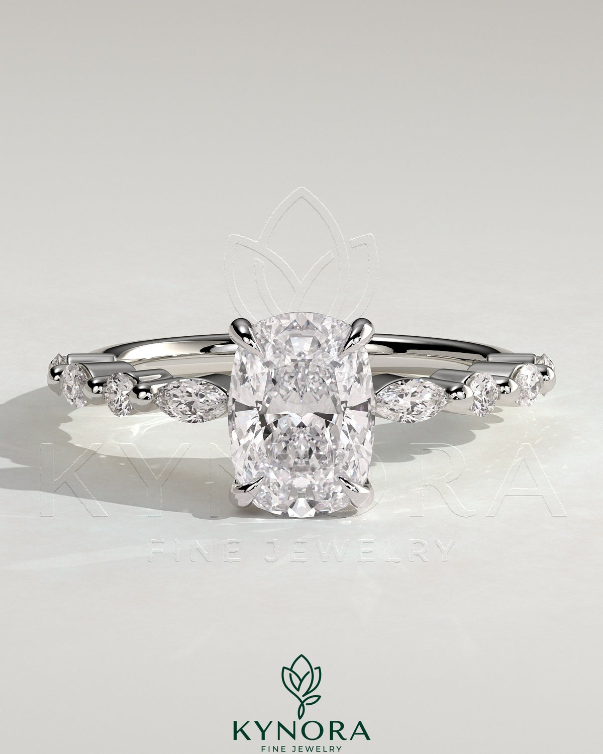 Kynora CJ 2ct elongated cushion claw solitaire engagement ring with marquise and round accent stones, elegant and sparkling jewelry piece Main image