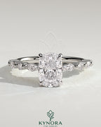 Kynora CJ 2ct elongated cushion claw solitaire engagement ring with marquise and round accent stones, elegant and sparkling jewelry piece