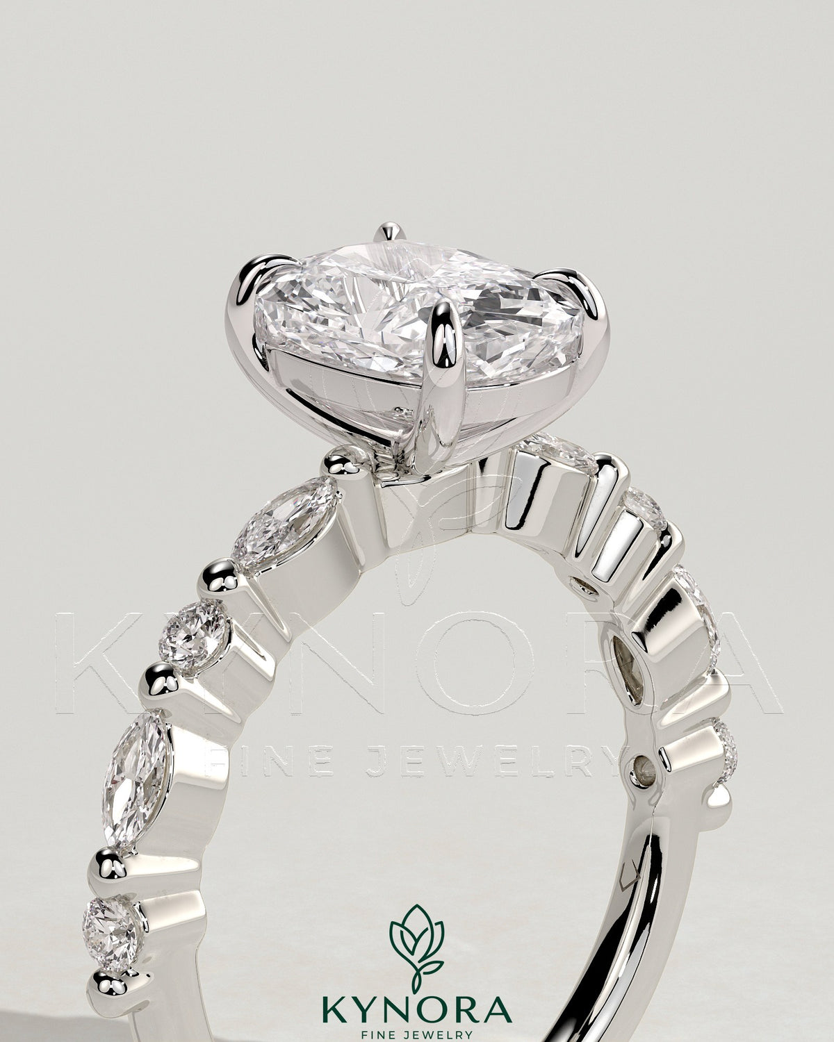 Kynora CJ 2ct elongated cushion solitaire engagement ring with marquise and round accent stones, elegant jewelry design.