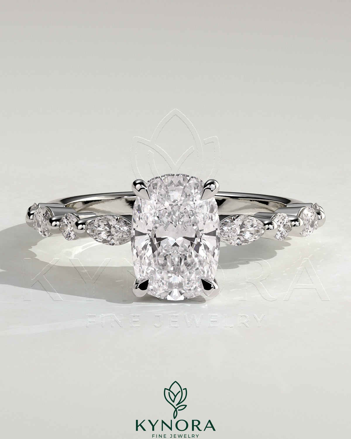 Kynora CJ 2ct elongated cushion solitaire engagement ring with marquise, round accent stones, and hidden halo design.