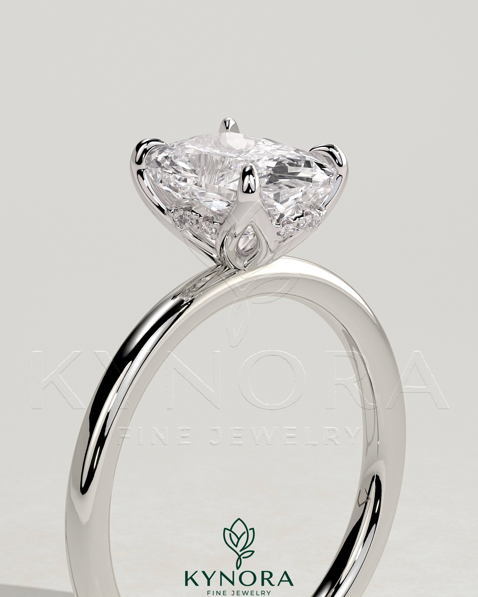 2ct Elongated Cushion Claw Solitaire with Petal Gallery and Accented Tiara Detail Engagement Ring Secondary image