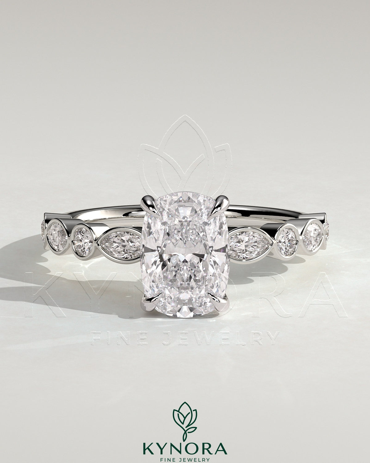 Kynora CJ 2ct elongated cushion solitaire engagement ring with round-marquise bezel accent stones, crafted in elegant gold.