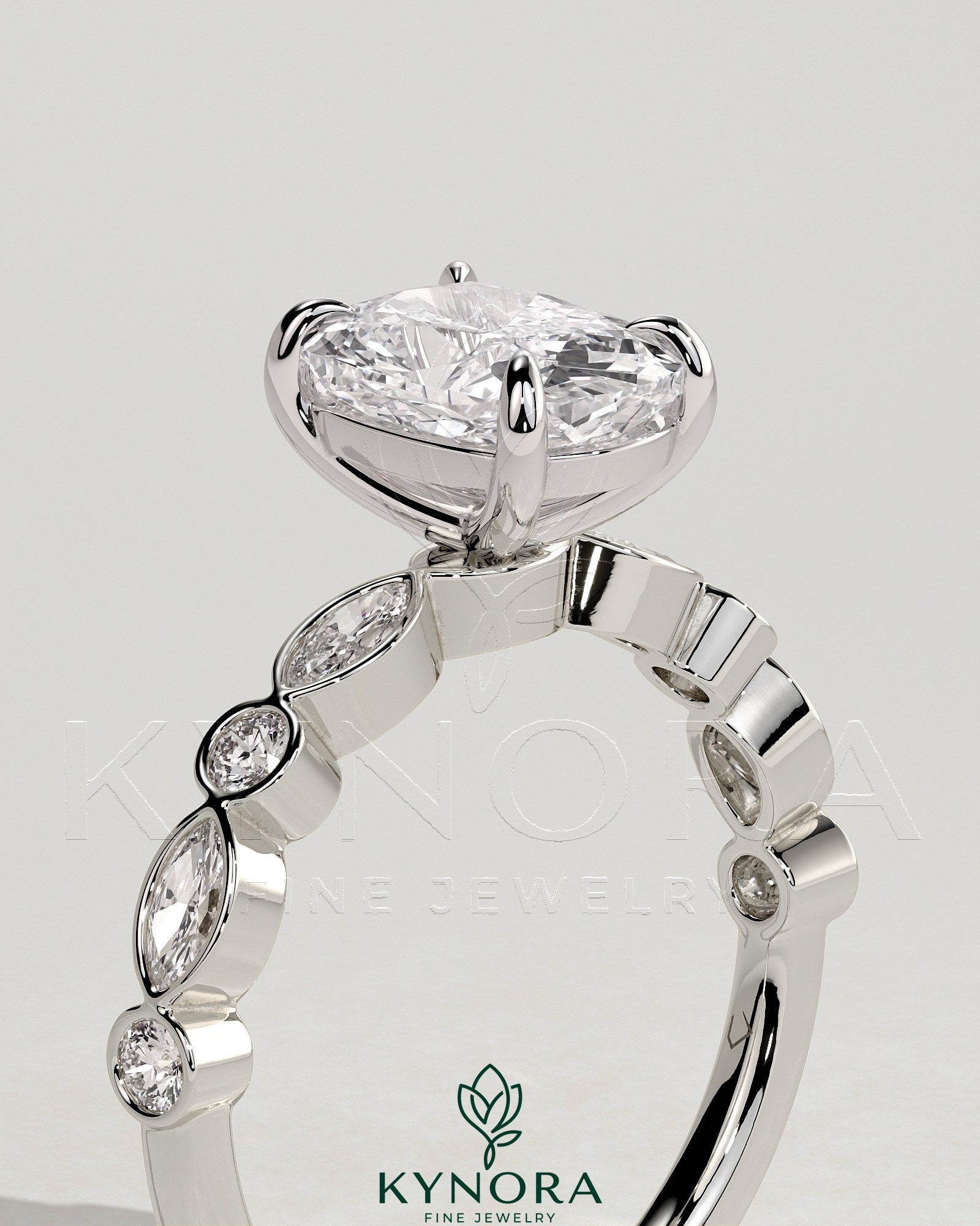 2ct Elongated Cushion Claw Solitaire with Round-Marquise Bezel Accent Stones Engagement Ring Imagen secundaria del producto