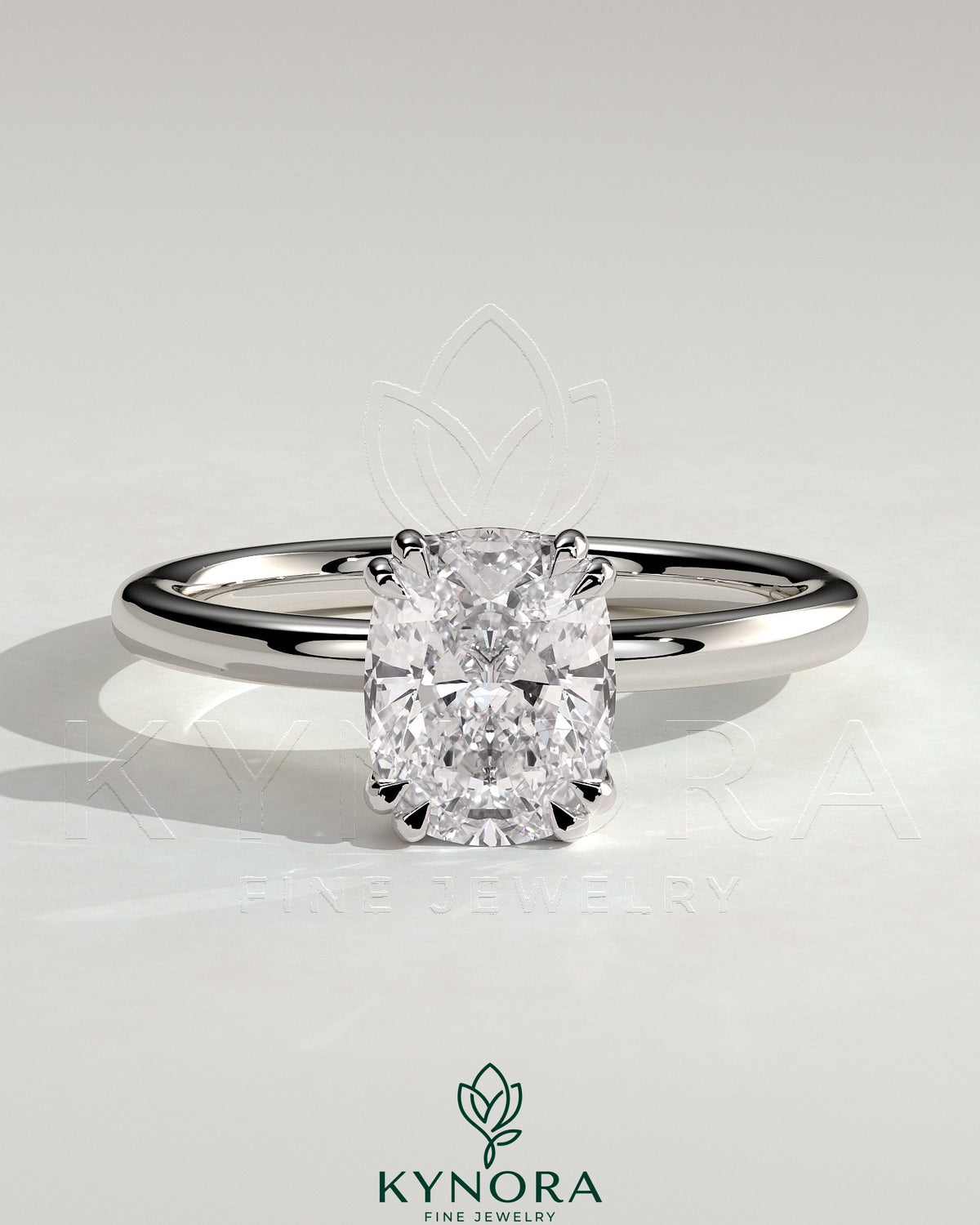 Kynora CJ 2ct elongated cushion double claw solitaire engagement ring with hidden halo, featuring a sparkling center stone.