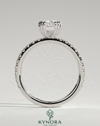 Kynora CJ 2ct elongated cushion triple claw solitaire engagement ring with pave band, featuring a sparkling central diamond and intricate setting.