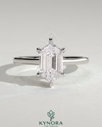 Kynora CJ 2ct elongated hexagon diamond solitaire ring with hidden halo and cathedral high setting, elegant engagement jewelry
