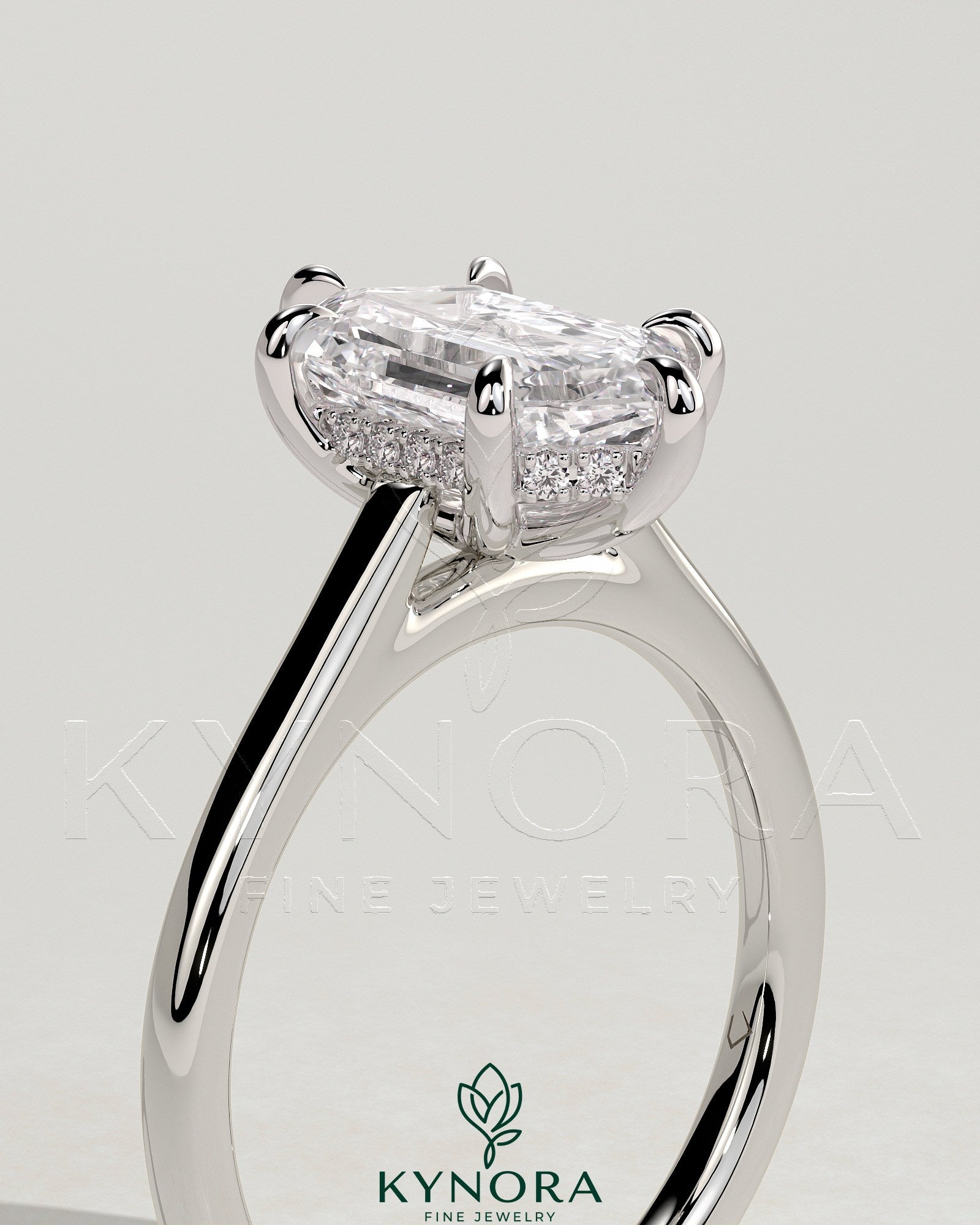 2ct Elongated Hexagon Claw Solitaire with Hidden Halo and Cathedral High Setting Engagement Ring Secondary image