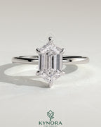 Kynora CJ 2ct elongated hexagon claw solitaire engagement ring with hidden halo, featuring a sparkling gemstone and elegant design.