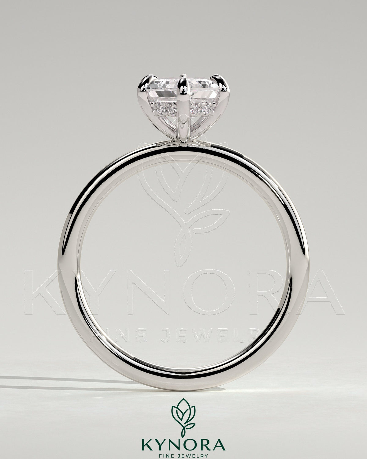 Kynora CJ 2ct elongated hexagon claw solitaire engagement ring with hidden halo, featuring a sparkling central diamond.