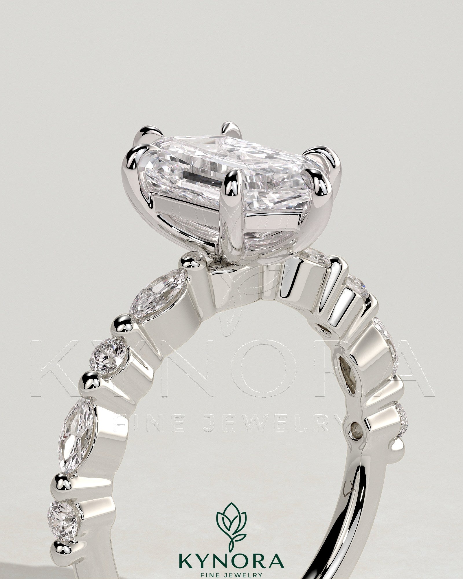 2ct Elongated Hexagon Claw Solitaire with Marquise and Round Accent Stones Engagement Ring Secondary image
