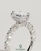 Kynora CJ 2ct elongated hexagon claw solitaire engagement ring with marquise and round accent stones, elegant and sparkling jewelry.