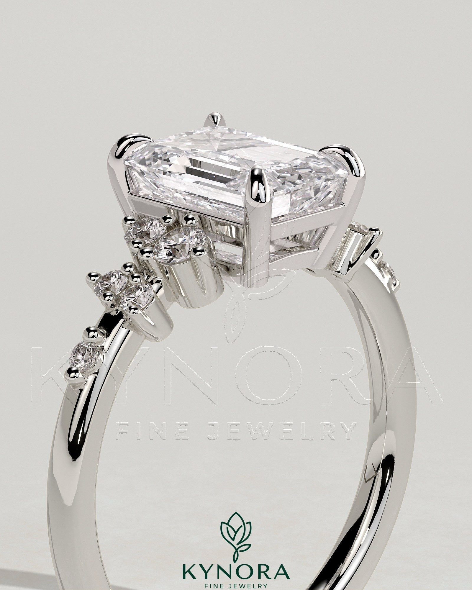 2ct Emerald Claw Solitaire with Clustered Round Shoulder Stones Engagement Ring Secondary image