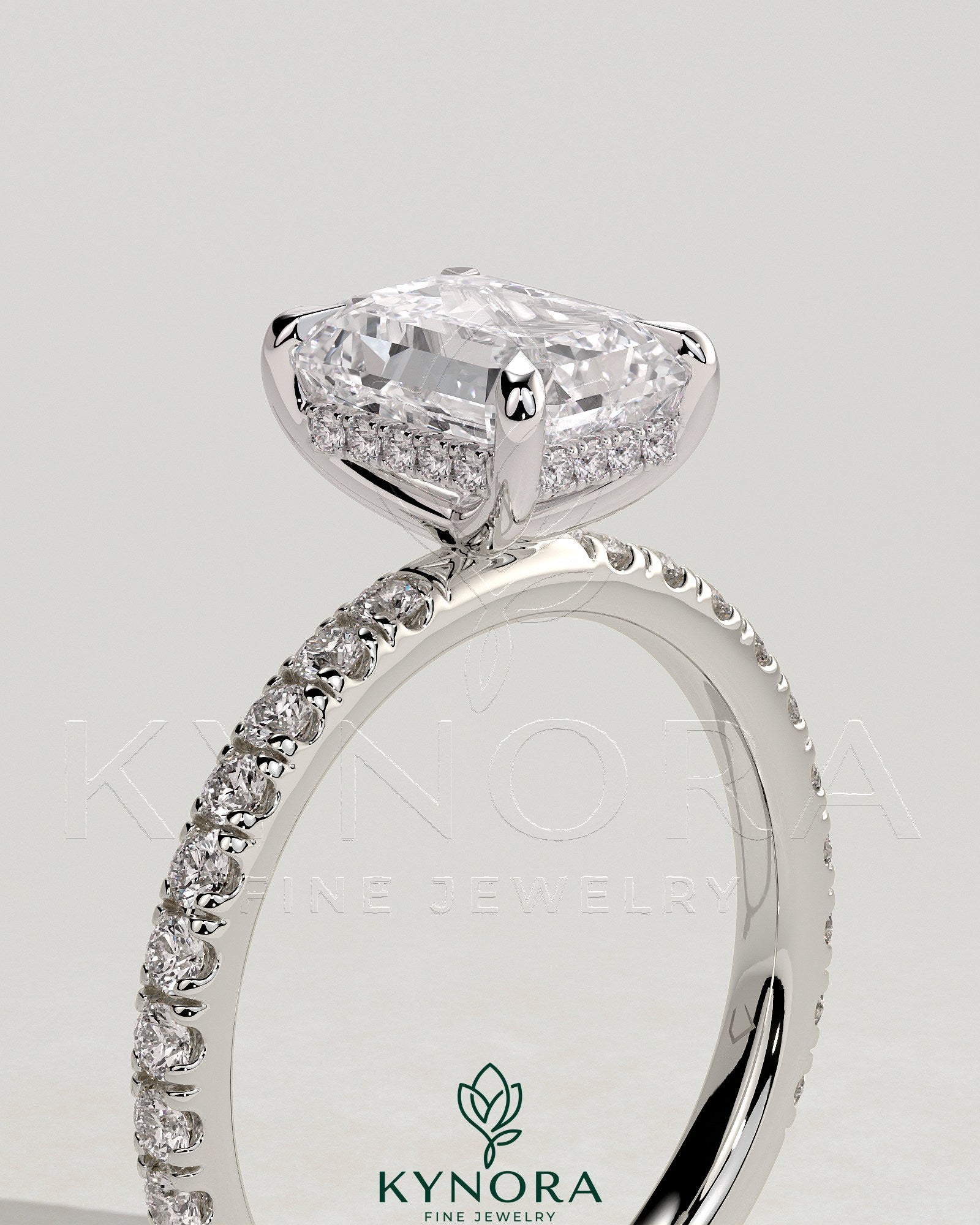 2ct Emerald Claw Solitaire with Hidden Halo and Pave Band Engagement Ring Secondary image