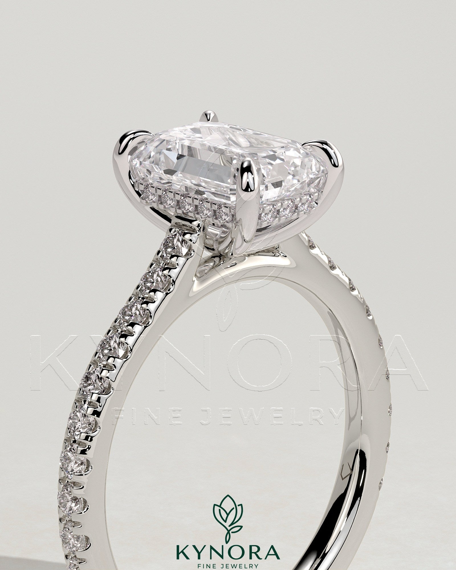 2ct Emerald Claw Solitaire with Hidden Halo, Pave Band and Cathedral High Setting Engagement Ring Secondary image