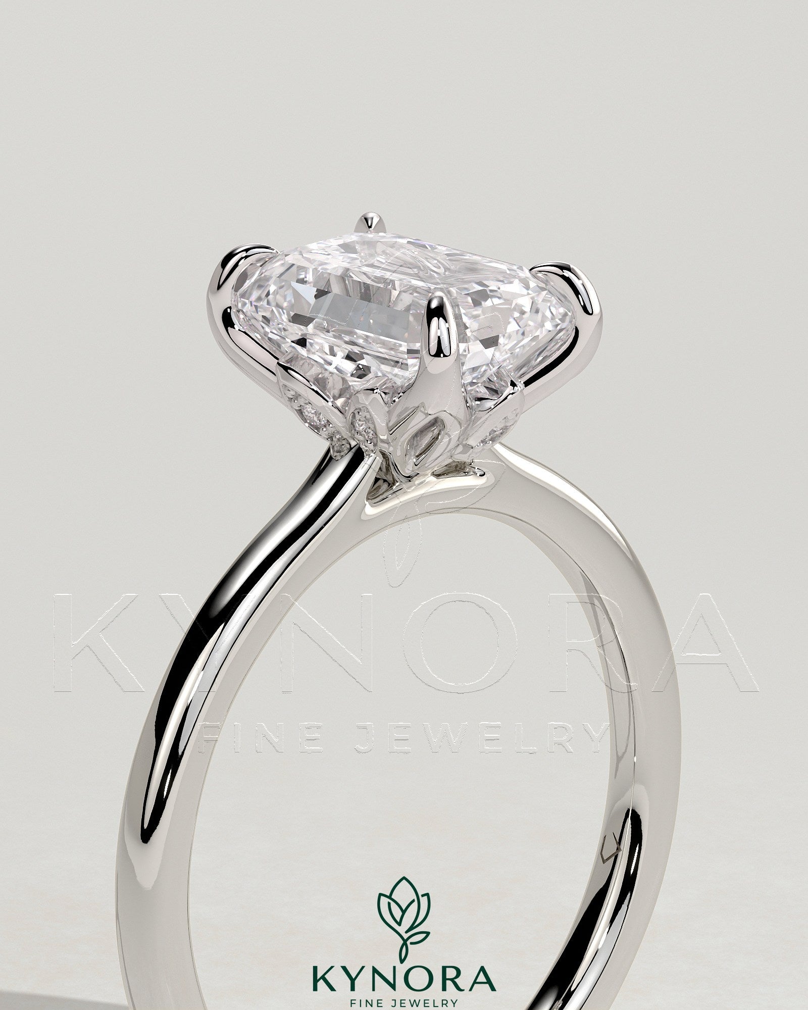 2ct Emerald Claw Solitaire with Petal Gallery, Accent Leaf Detail and Cathedral Setting Engagement Ring Secondary image