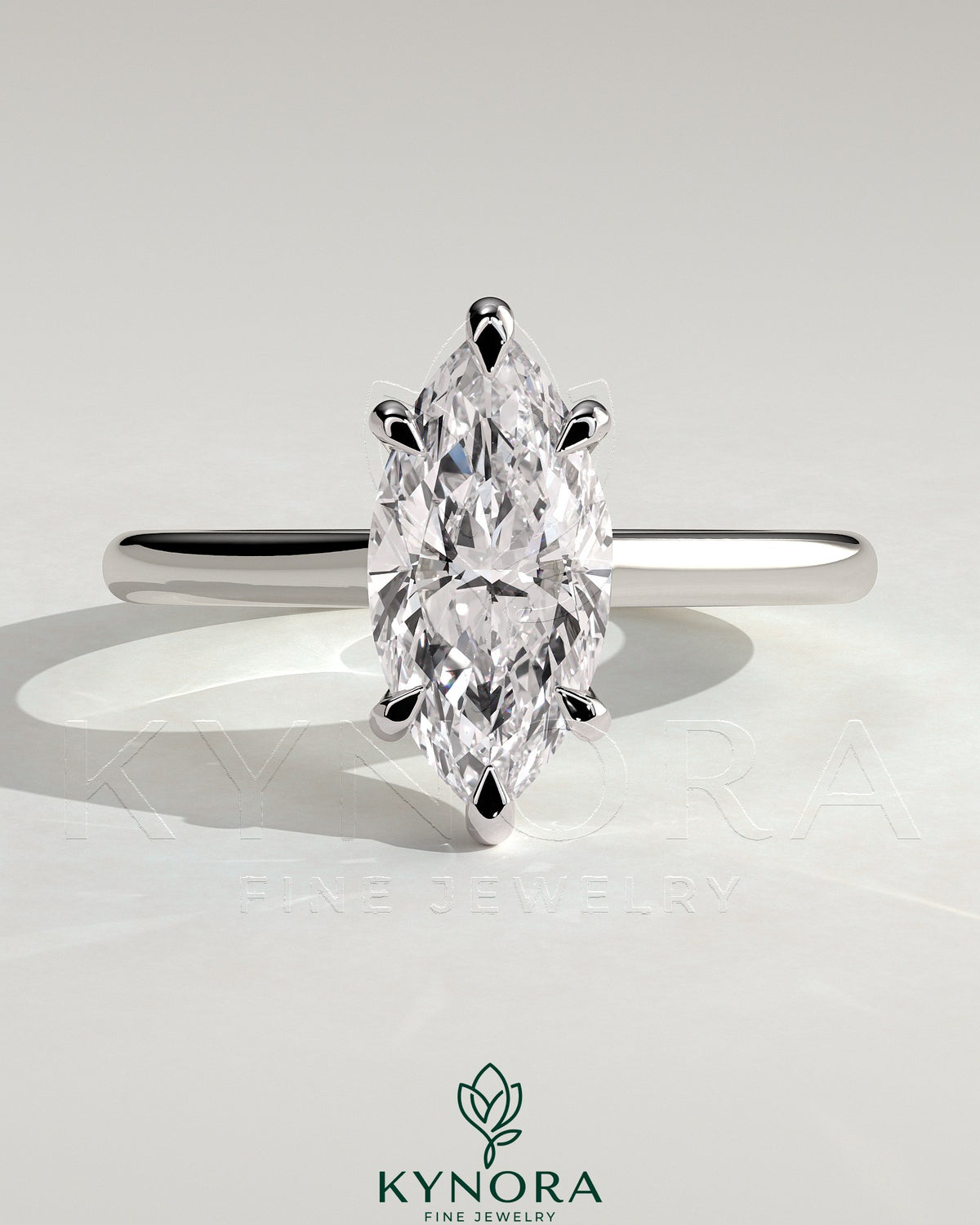 Kynora CJ 2ct marquise claw solitaire engagement ring with cathedral high setting, showcasing a sparkling marquise diamond. Main image