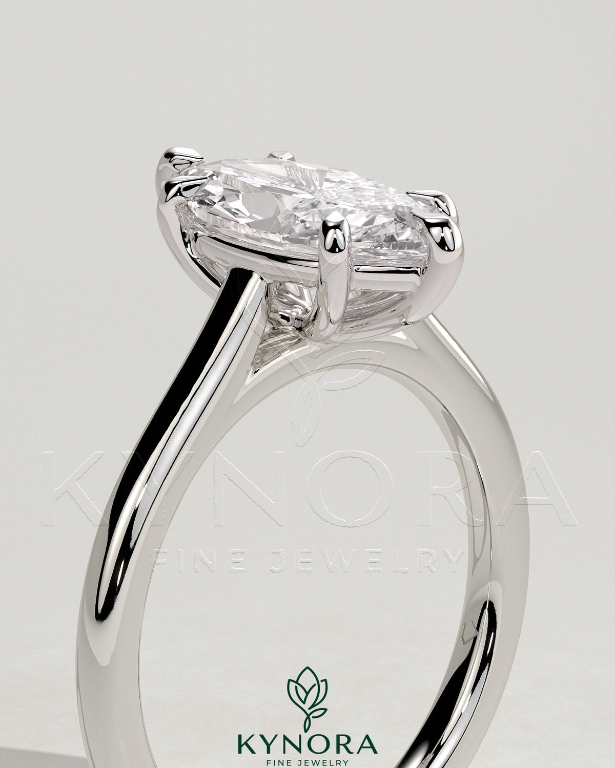 Kynora CJ 2ct marquise claw solitaire engagement ring with cathedral high setting, showcasing sparkling diamond and elegant design.