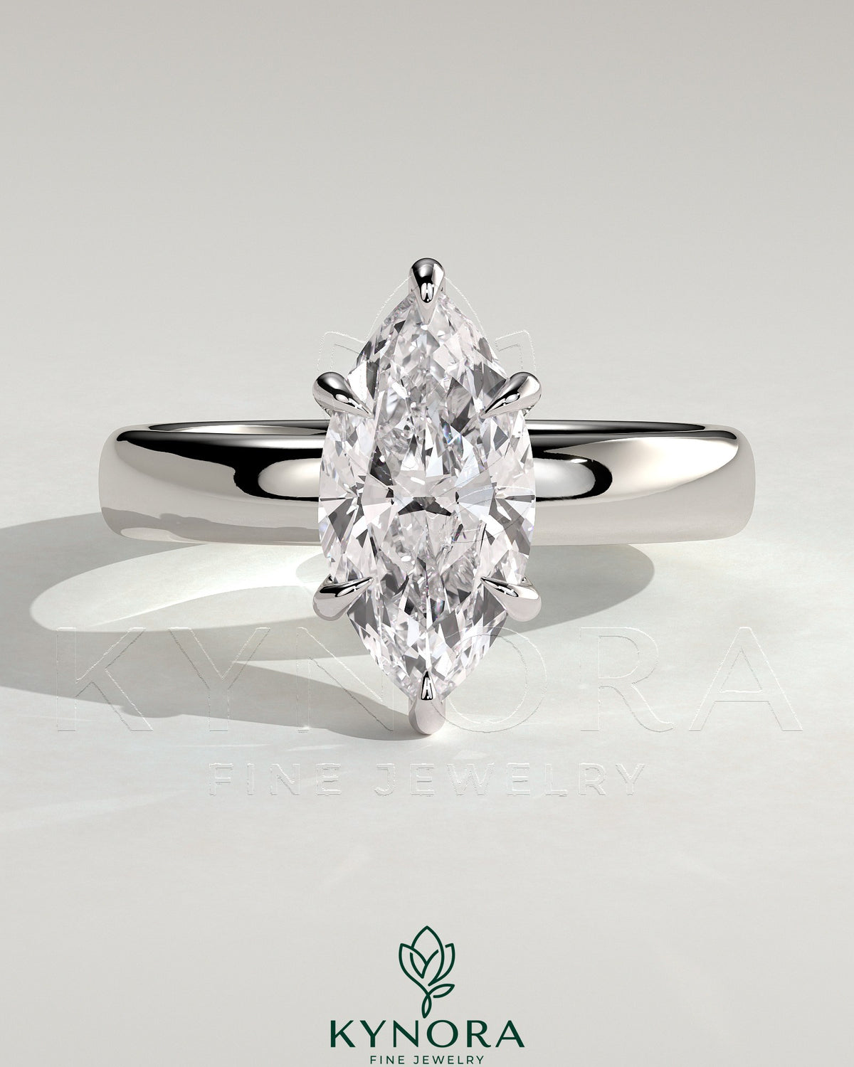 Kynora CJ 2ct marquise diamond claw solitaire engagement ring with cigar band and hidden halo setting.