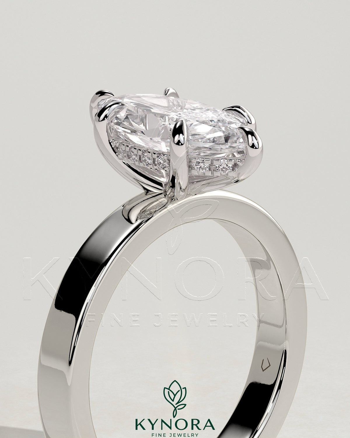 Kynora CJ 2ct marquise claw solitaire engagement ring with flat cigar band and hidden halo, showcasing sparkling diamond details.