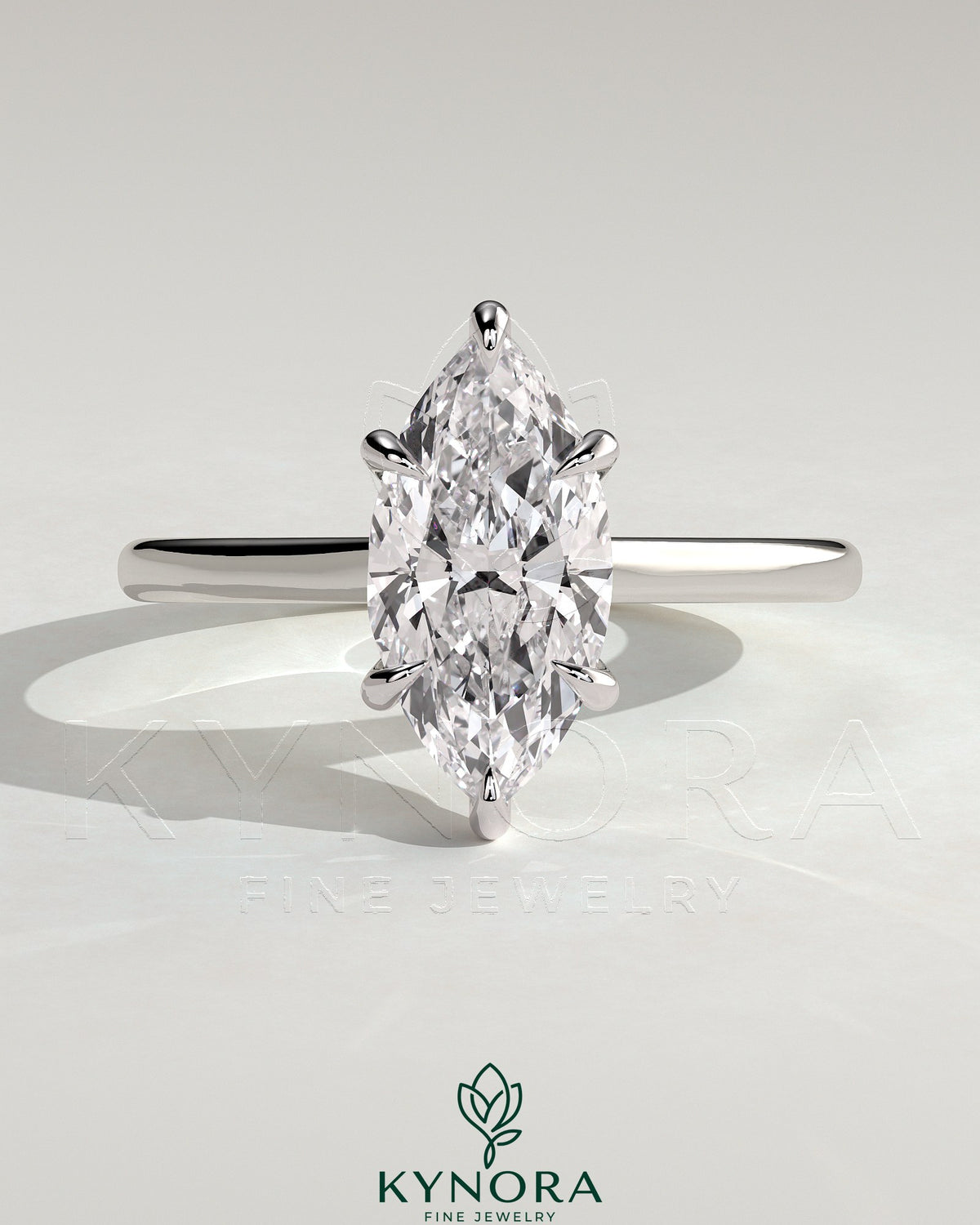 Kynora CJ 2ct marquise claw solitaire engagement ring with hidden halo and cathedral high setting, showcasing intricate design and sparkle.
