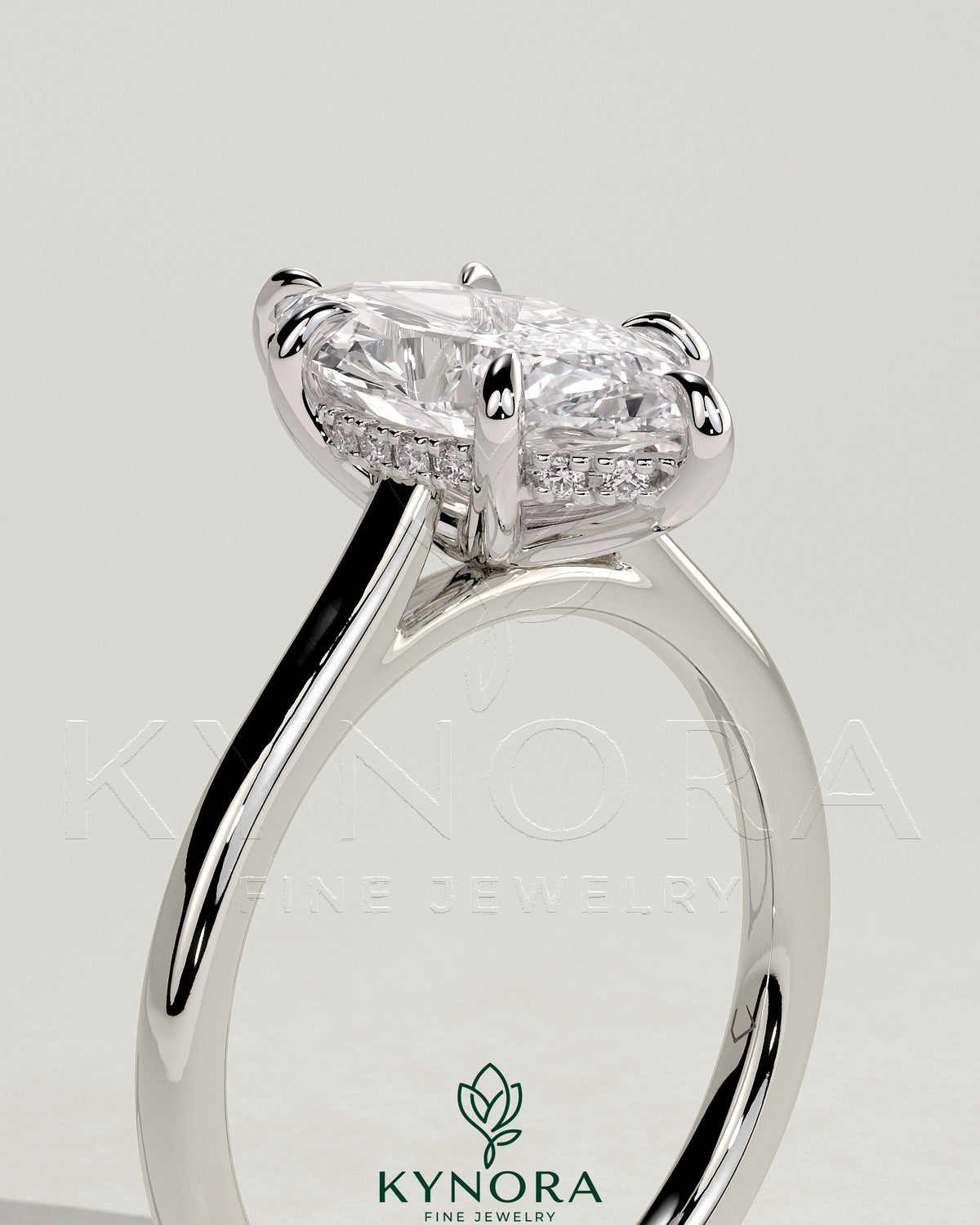 Kynora CJ 2ct marquise solitaire engagement ring with hidden halo and cathedral high setting, showcasing intricate design details.