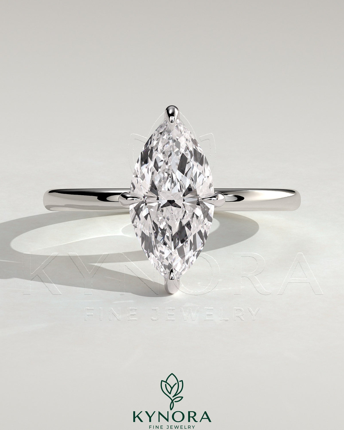 Kynora CJ 2ct marquise claw solitaire engagement ring with hidden halo and four prongs, sparkling diamond design