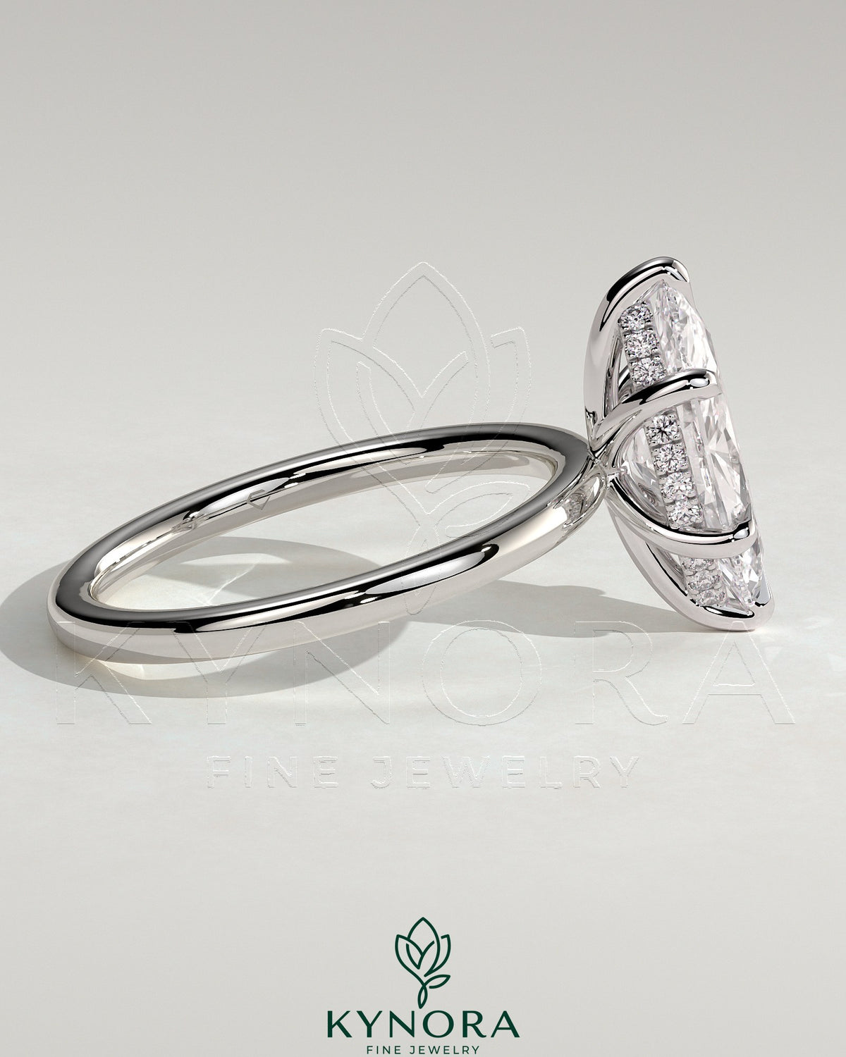 Kynora CJ 2ct marquise diamond solitaire engagement ring with hidden halo and six prong setting, elegant jewelry design.