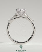 Kynora CJ 2ct marquise claw solitaire engagement ring with hidden halo, opposing marquise accents, cathedral high setting.