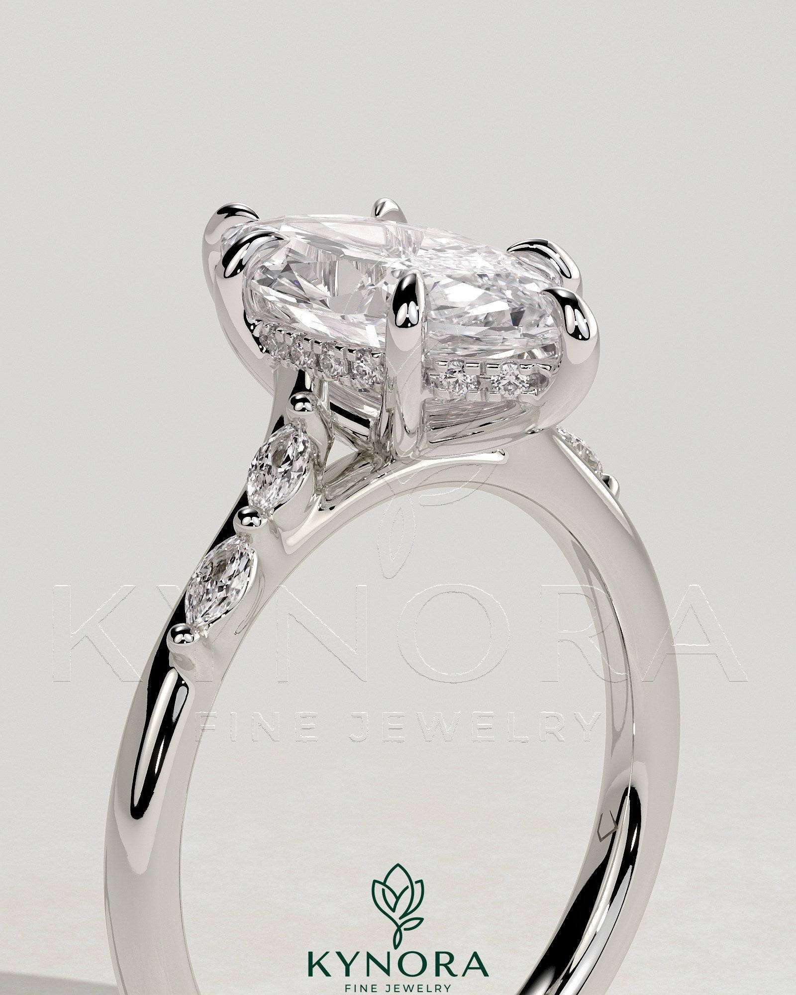 2ct Marquise Claw Solitaire with Hidden Halo, Opposing Marquise Accents and Cathedral High Setting Engagement Ring Secondary image