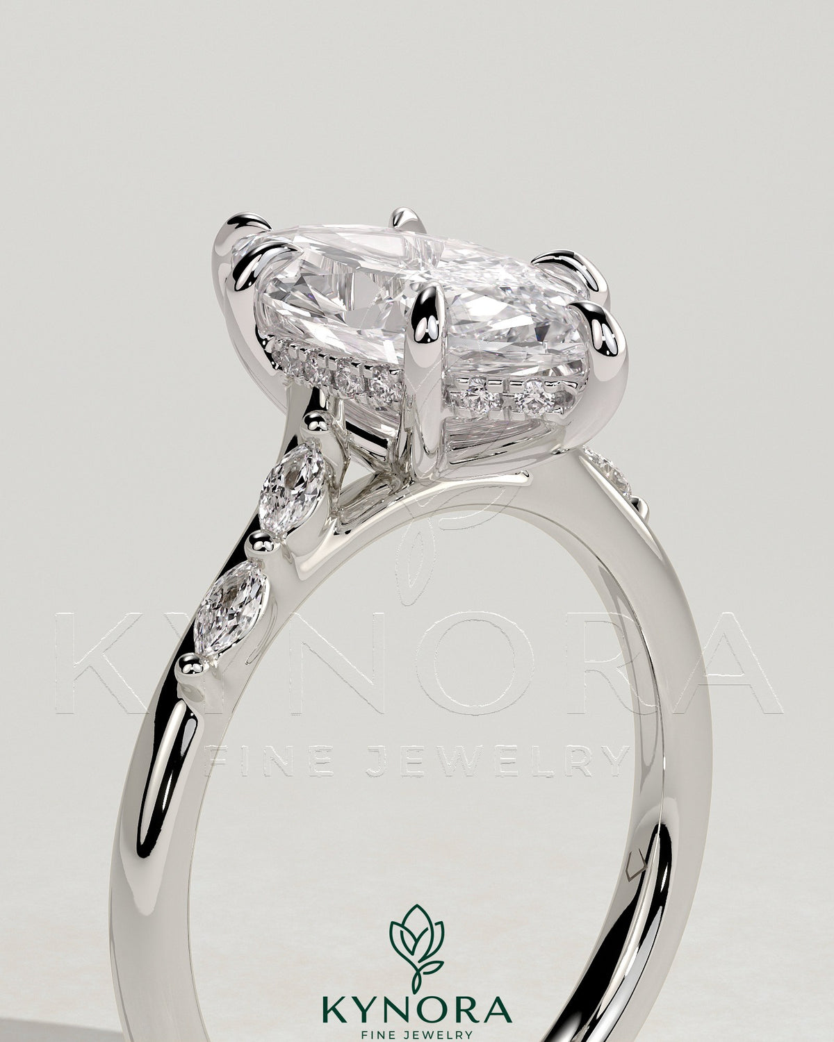 Kynora CJ 2ct marquise claw solitaire engagement ring with hidden halo, opposing marquise accents, cathedral high setting.