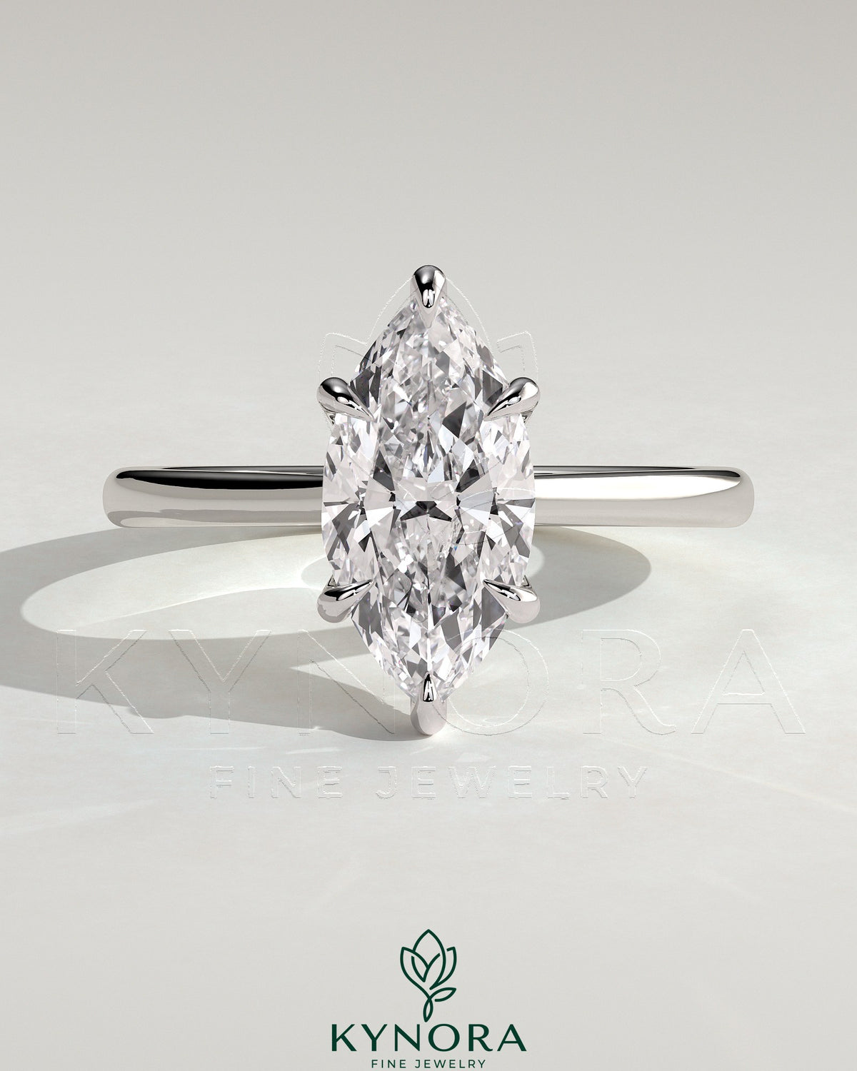 Kynora CJ 2ct marquise claw solitaire engagement ring with hidden halo, tapered band, cathedral high setting. Main image