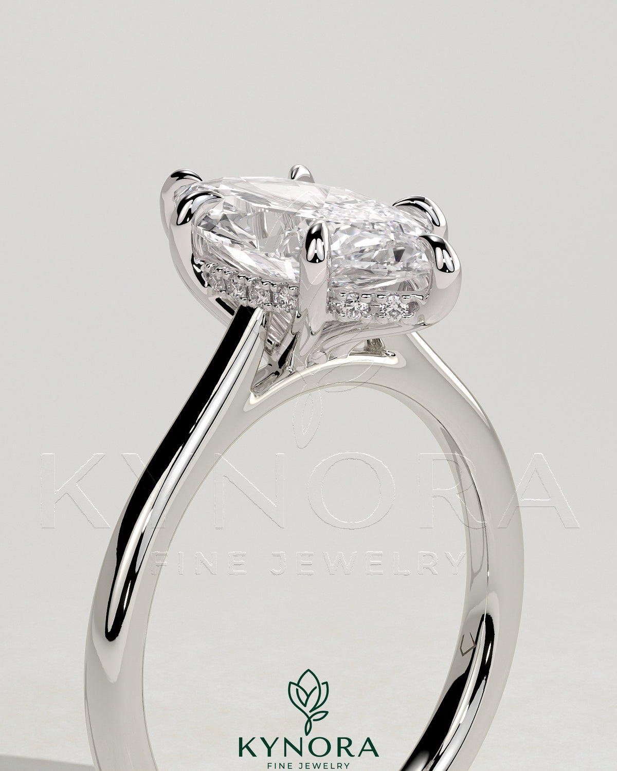Kynora CJ 2ct marquise diamond solitaire engagement ring with hidden halo, tapered band, cathedral setting