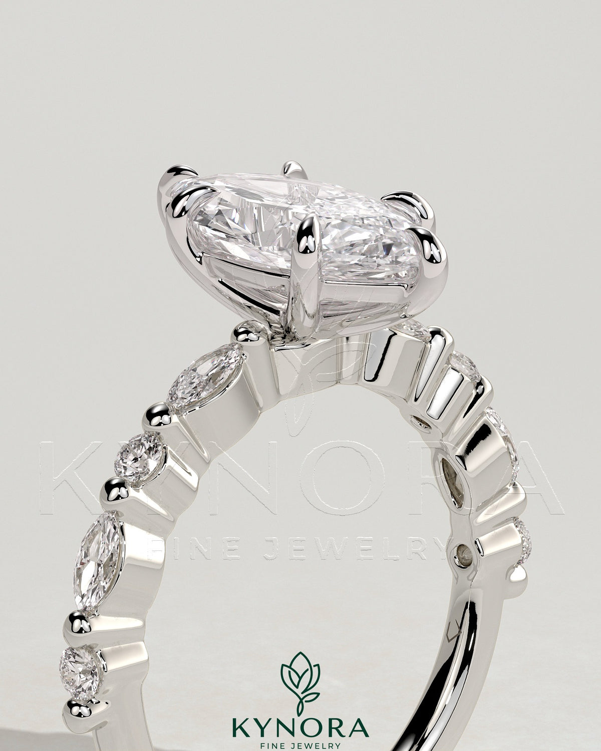 Kynora CJ 2ct marquise and round accent stones solitaire engagement ring with claw setting, elegant jewelry design