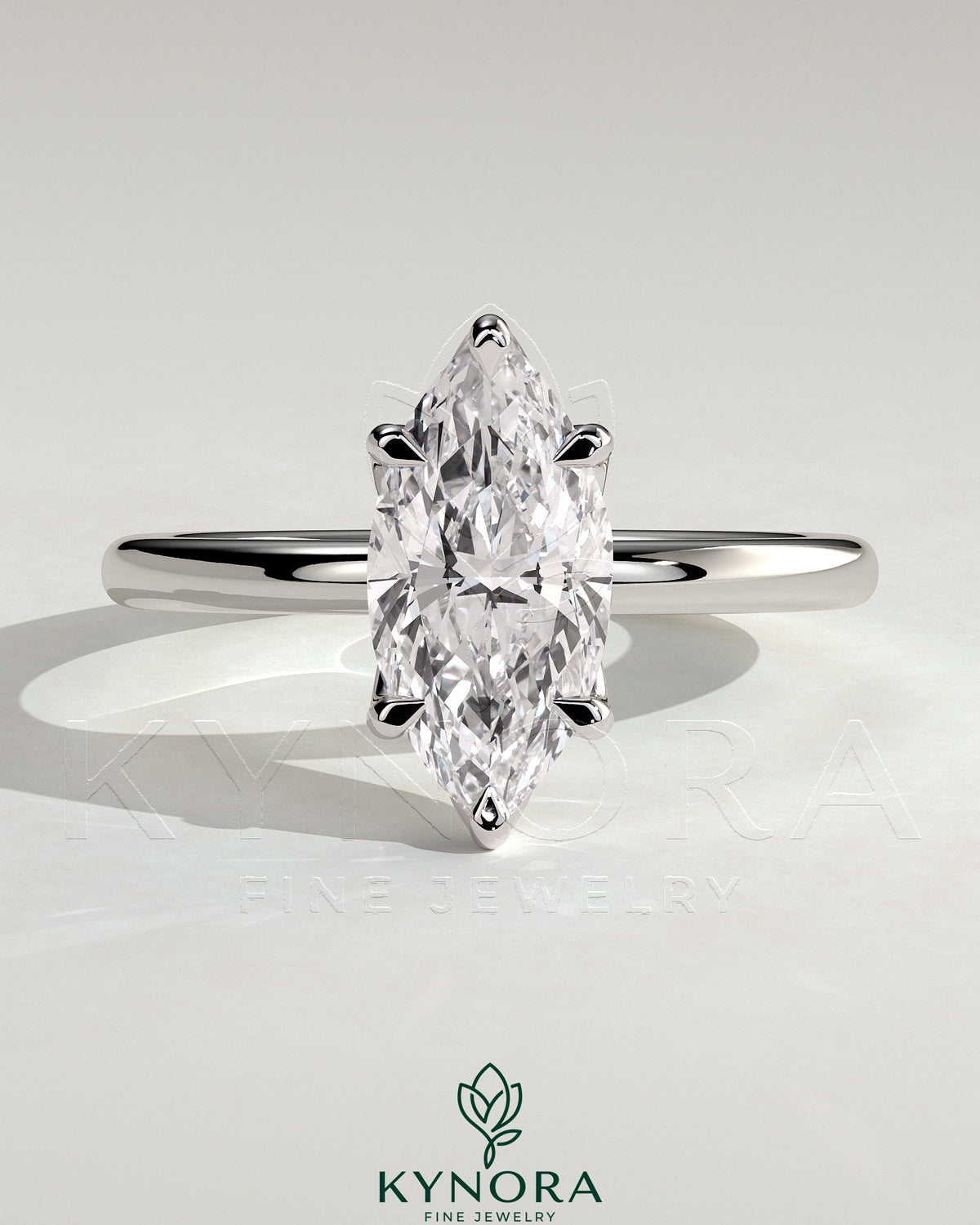 Kynora CJ 2ct Marquise claw solitaire engagement ring with petal gallery design in shiny metal setting. Main image