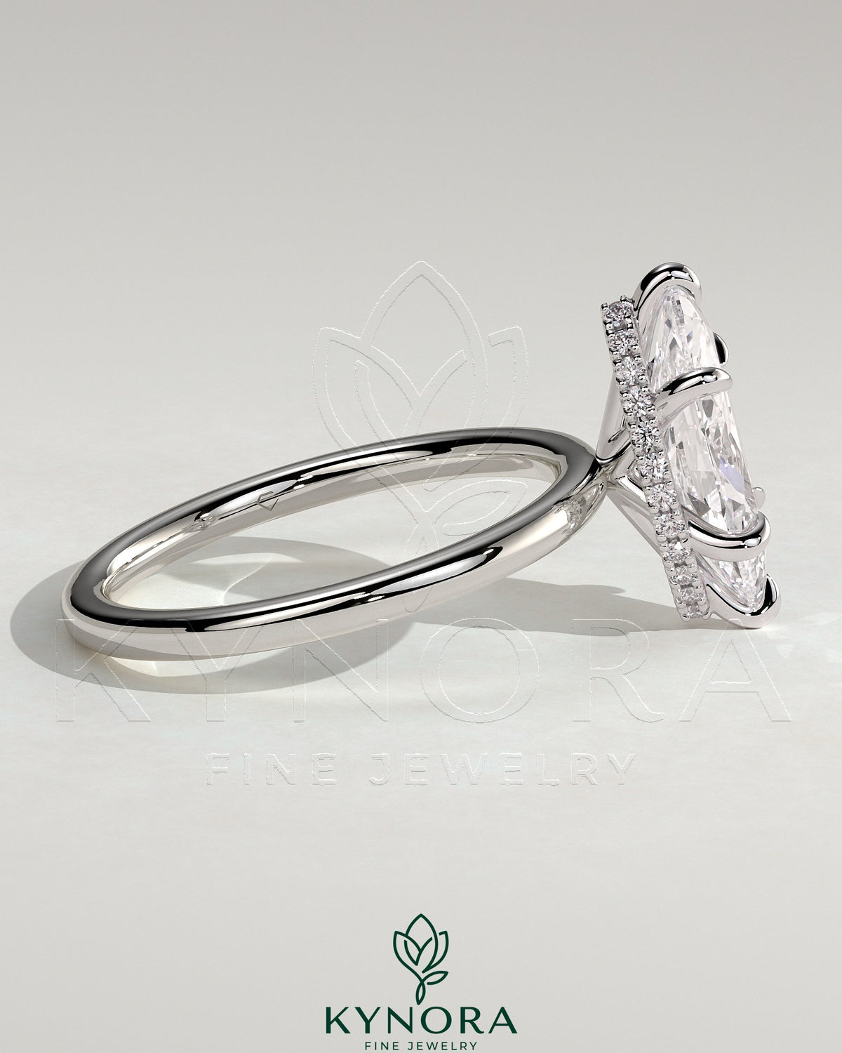 Kynora CJ 2ct marquise claw solitaire engagement ring with wrap-around hidden halo, sterling silver jewelry.