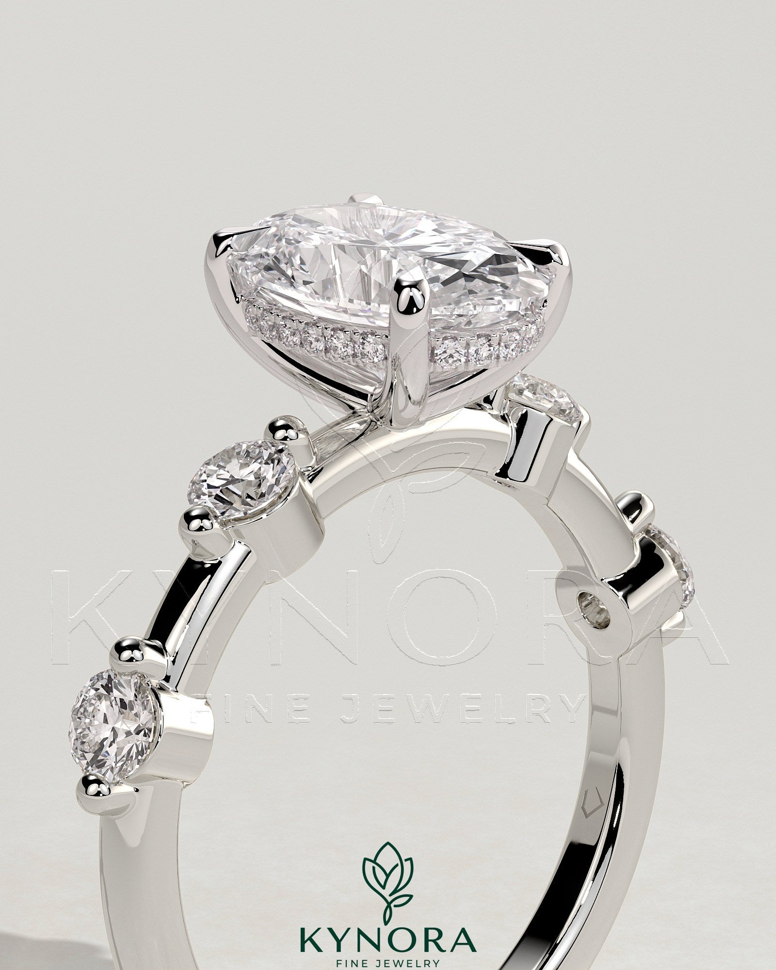 2ct Oval Claw Solitaire with 4 Spaced Round Accent Stones and Hidden Halo Engagement Ring Secondary image