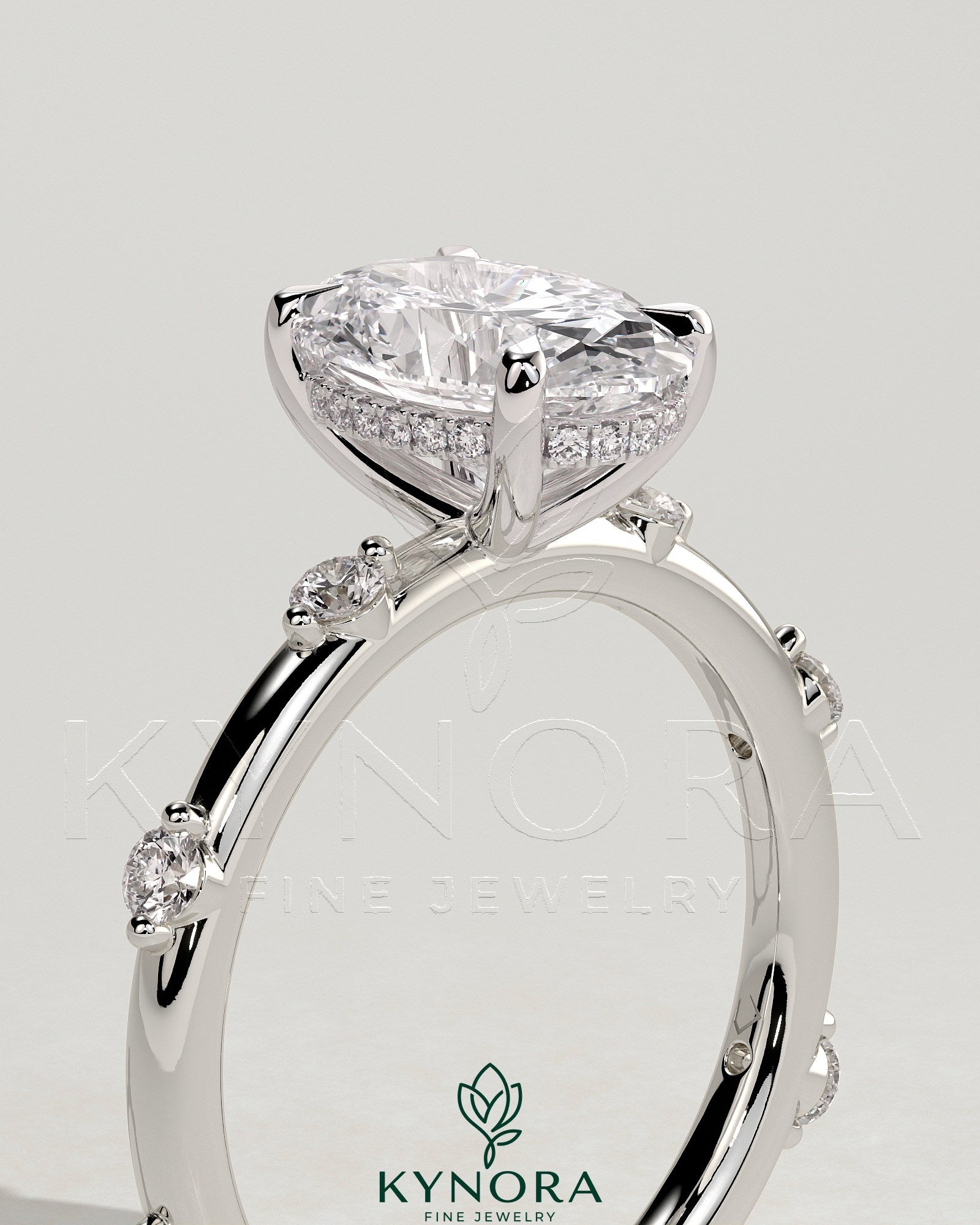 2ct Oval Claw Solitaire with 6 Spaced Round Accent Stones and Hidden Halo Engagement Ring Secondary image