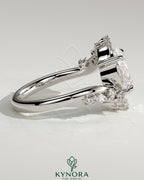 Kynora CJ 2ct oval claw solitaire engagement ring with bypass band and clustered round-marquise accent stones, elegant jewelry piece.