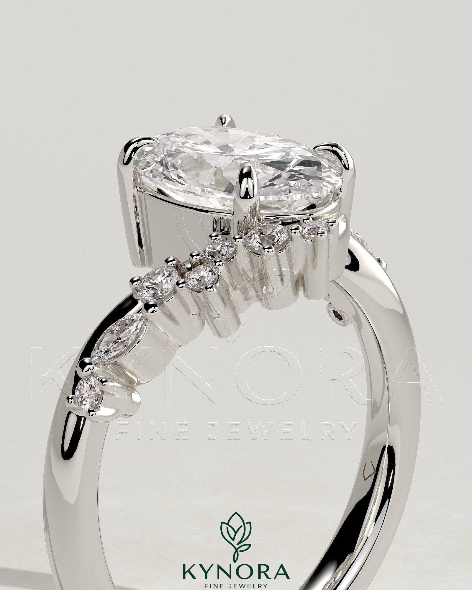 2ct Oval Claw Solitaire with Bypass Band and Clustered Round-Marquise Accent Stones Engagement Ring Secondary image
