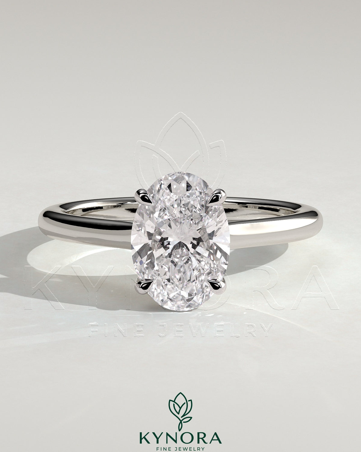 Kynora CJ 2ct oval claw solitaire engagement ring with cathedral high setting and intricate band design. Main image