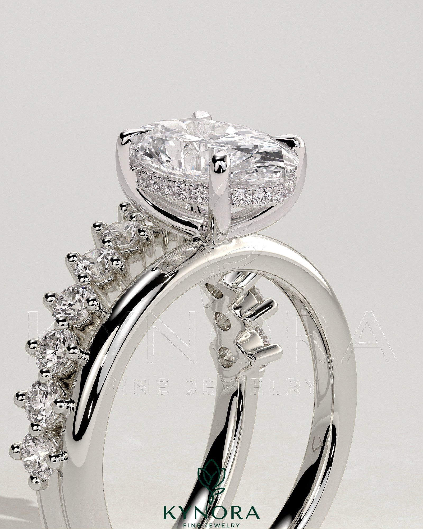2ct Oval Claw Solitaire with Double Plain-and-Round-Accent Stones Band Engagement Ring Secondary image