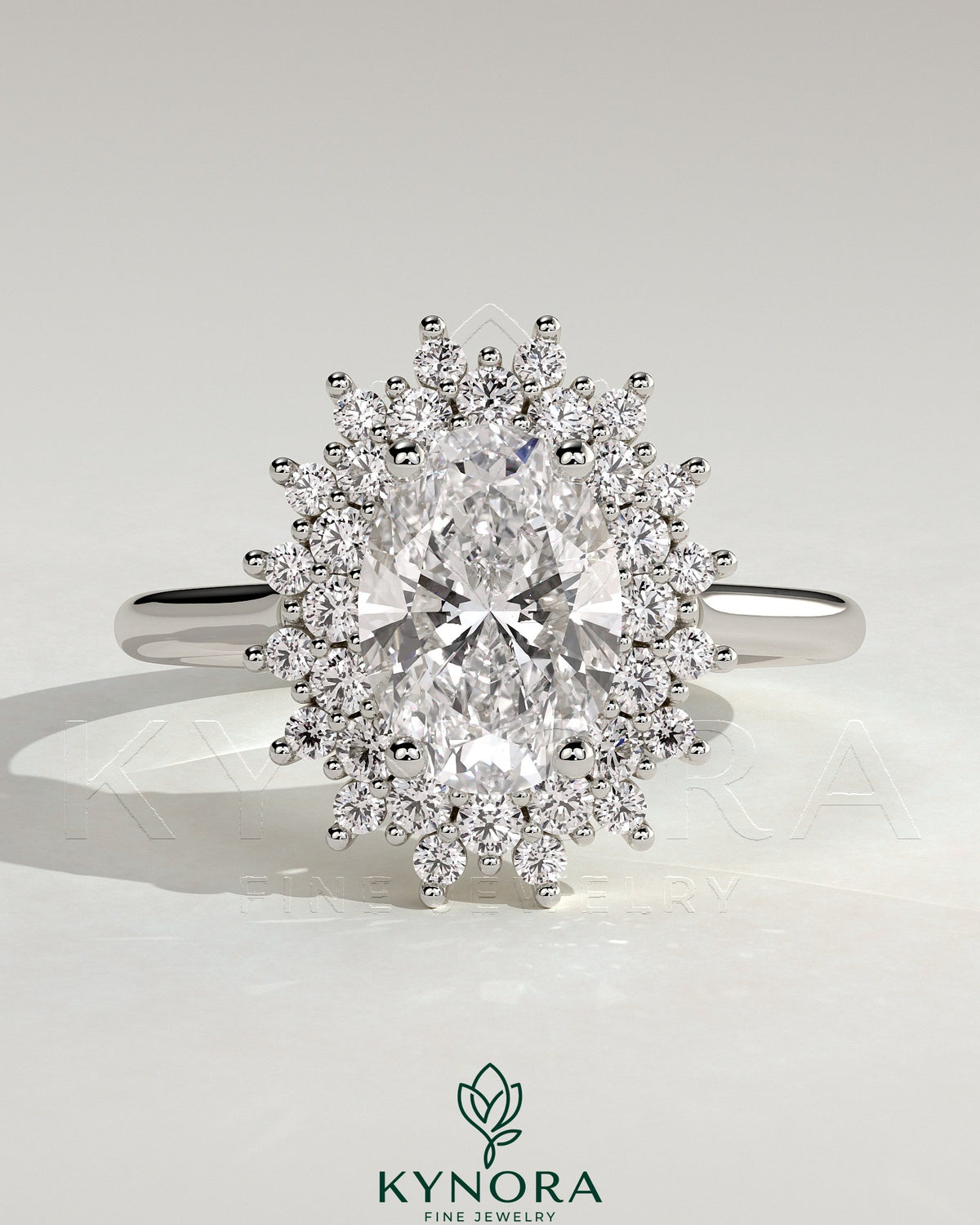 Kynora CJ 2ct oval claw solitaire engagement ring with double sunburst halo and cathedral high setting, showcasing intricate design. Main image