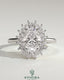 Kynora CJ 2ct oval claw solitaire engagement ring with double sunburst halo and cathedral high setting, showcasing intricate design.