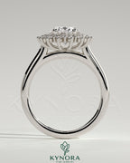 Kynora CJ 2ct oval claw solitaire engagement ring with double sunburst halo and cathedral high setting, showcasing intricate details.