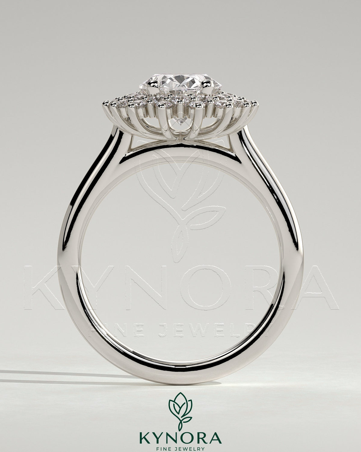 Kynora CJ 2ct oval claw solitaire engagement ring with double sunburst halo and cathedral high setting, showcasing intricate details.