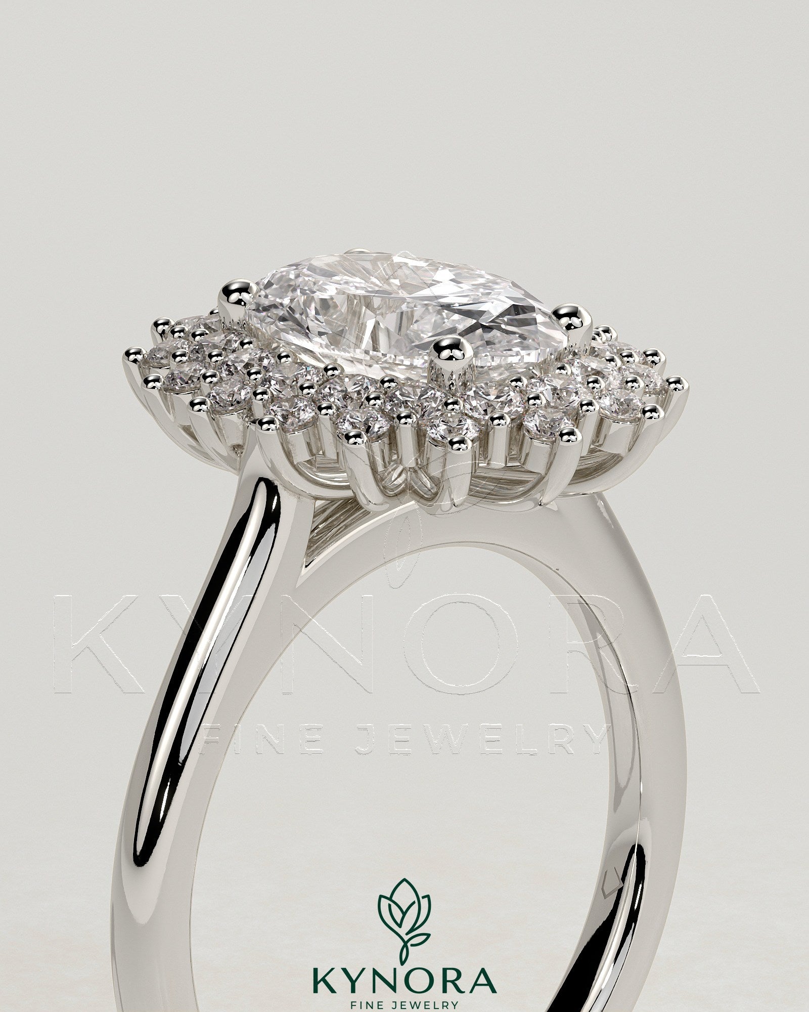 2ct Oval Claw Solitaire with Double Sunburst Halo and Cathedral High Setting Engagement Ring Secondary image